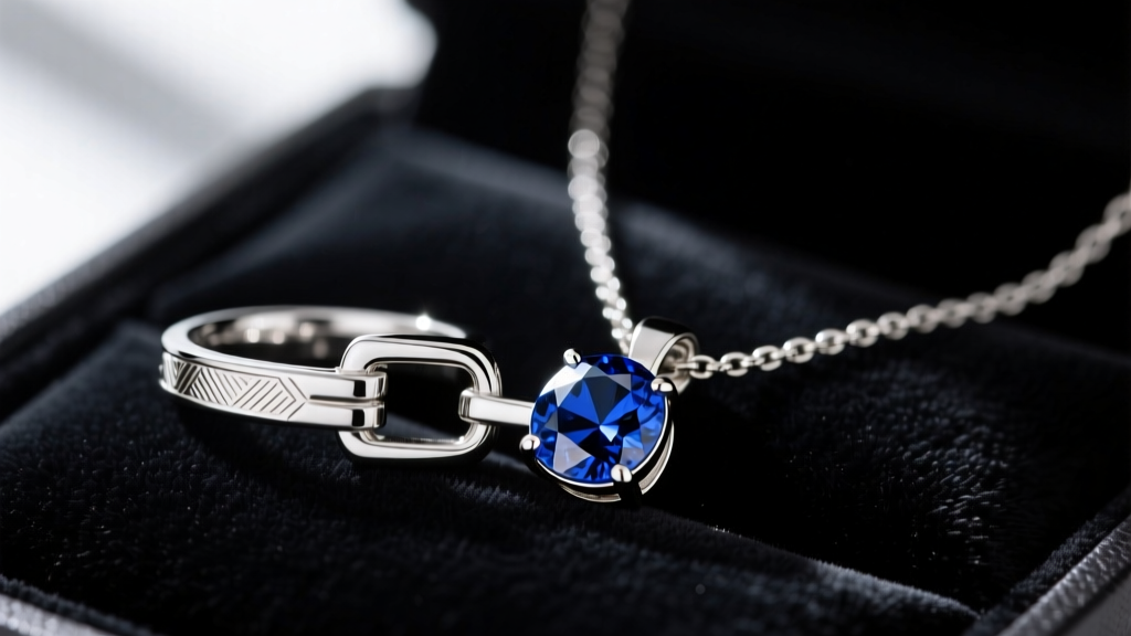 Macro shot of a platinum box chain clasp and a bezel-set sapphire engagement necklace pendant resting on dark velvet.