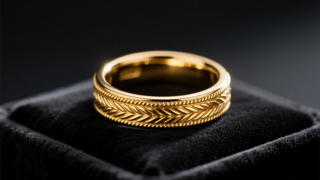 Side profile of an 18k solid gold seamless clicker ring with milgrain detailing, showcased elegantly on a dark velvet display pad.