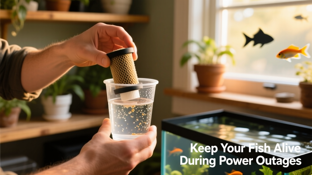 Hand placing filter media back into a canister filter while holding a cup of aquarium water