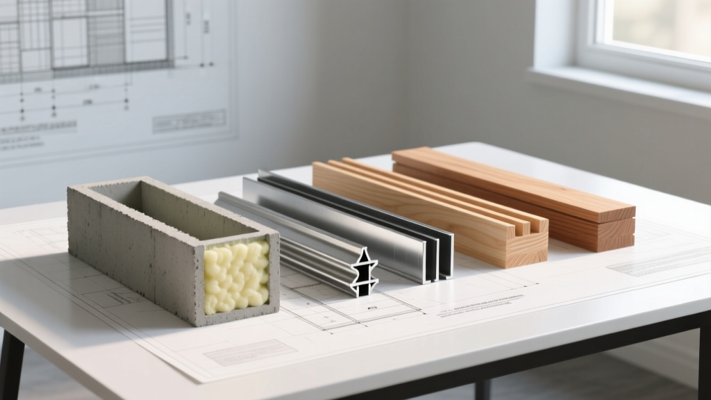 Insulated concrete forms, steel studs, and engineered timber framing displayed side-by-side on a modern blueprint table