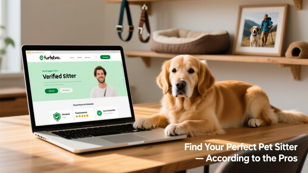 A laptop screen showing the furpetvo.com homepage with a clean, intuitive interface and verified sitter profiles