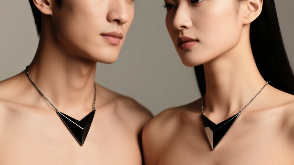 Close-up of a couple wearing matching matte black titanium geometric pendant necklaces under soft studio lighting.