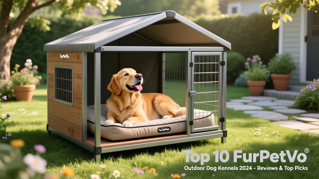 Happy dog lounging inside a FurPetVo kennel on a sunny backyard lawn, looking relaxed and content