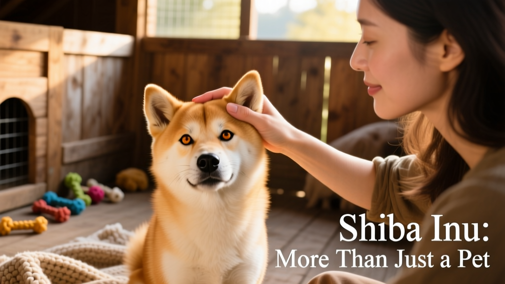 Strawberry blonde shiba inu gets petted on head by adult while in pen