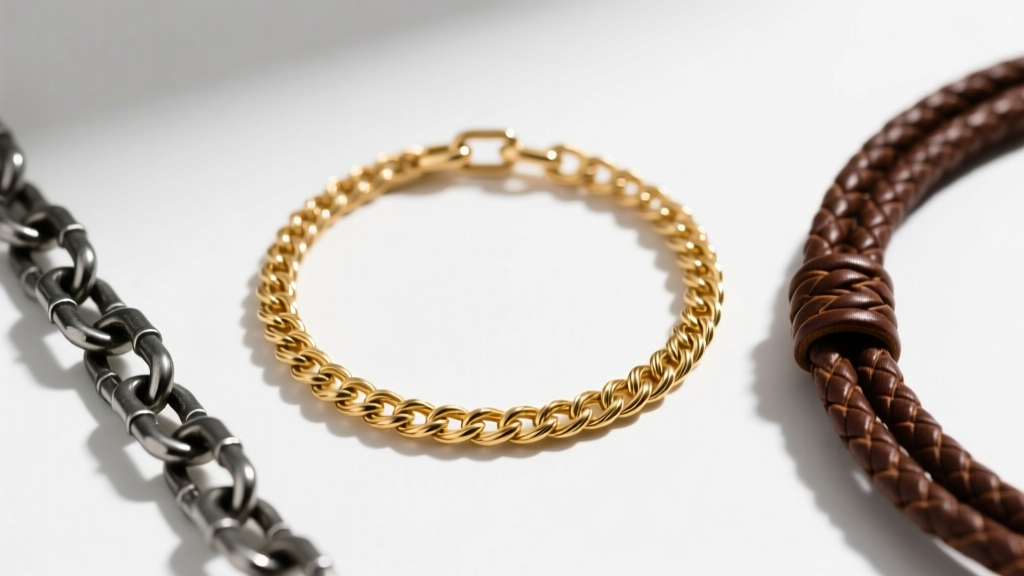 Flat lay of three sonic necklace chains: a delicate 18k gold cable chain, a sturdy steel box chain, and a woven leather cord