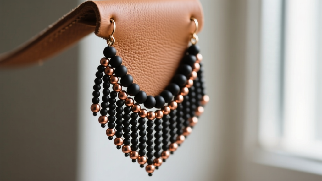 Beaded earring fringe with alternating matte black and metallic copper seed beads hanging from a soft buckskin leather backing.