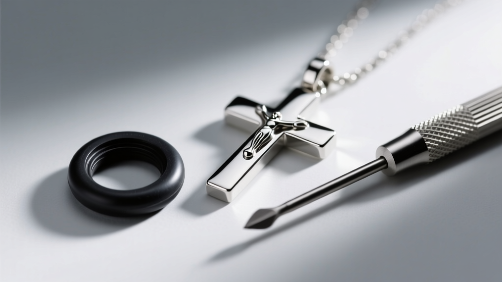 Macro shot of a tiny black rubber O-ring gasket beside a sterling silver memorial cross pendant and a micro-screwdriver tool