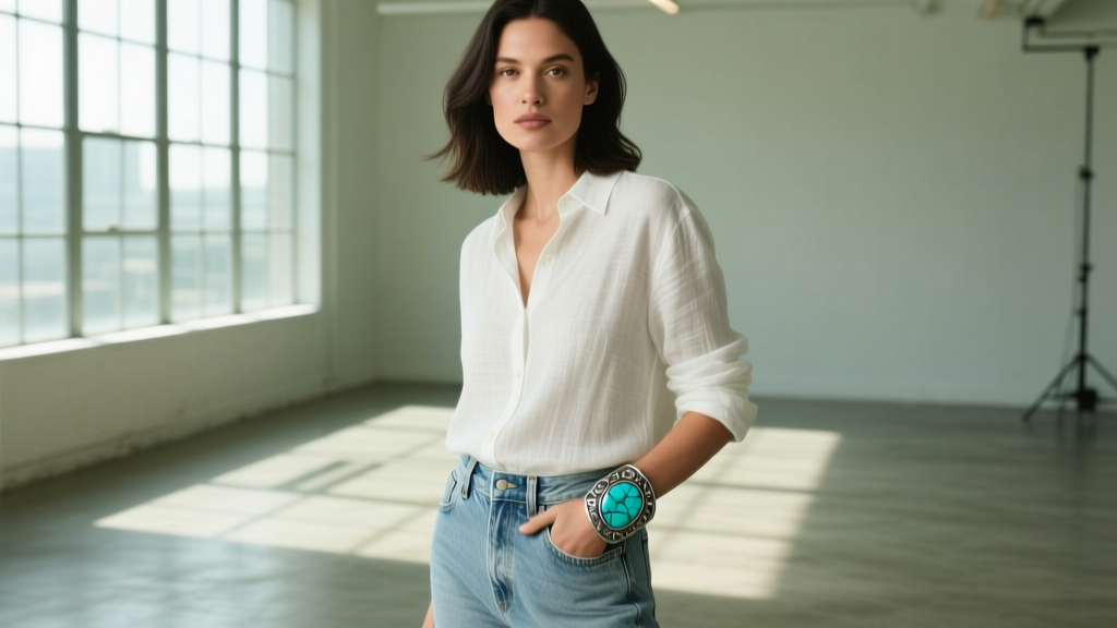 Woman wearing an oxidized silver Haywood turquoise cuff over denim, highlighting the stone