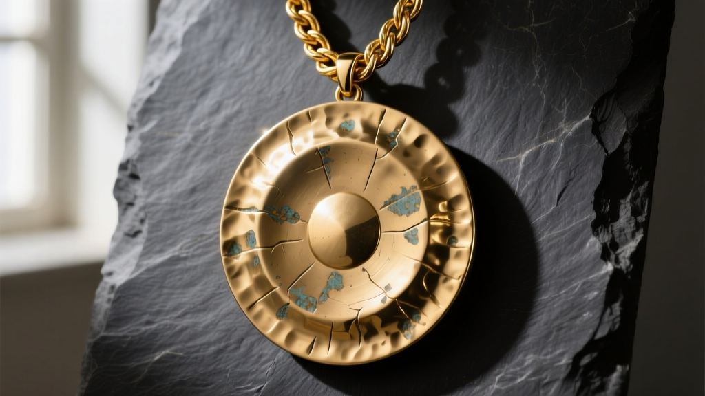 Large hammered brass gong necklace pendant on dark slate, showing intricate texture and a thick gold rope chain.