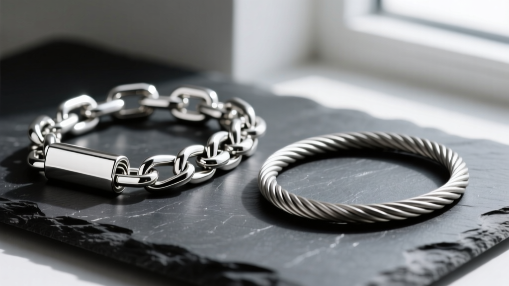 Macro shot comparing a polished sterling silver box chain and a matte stainless steel cable chain side-by-side on dark slate