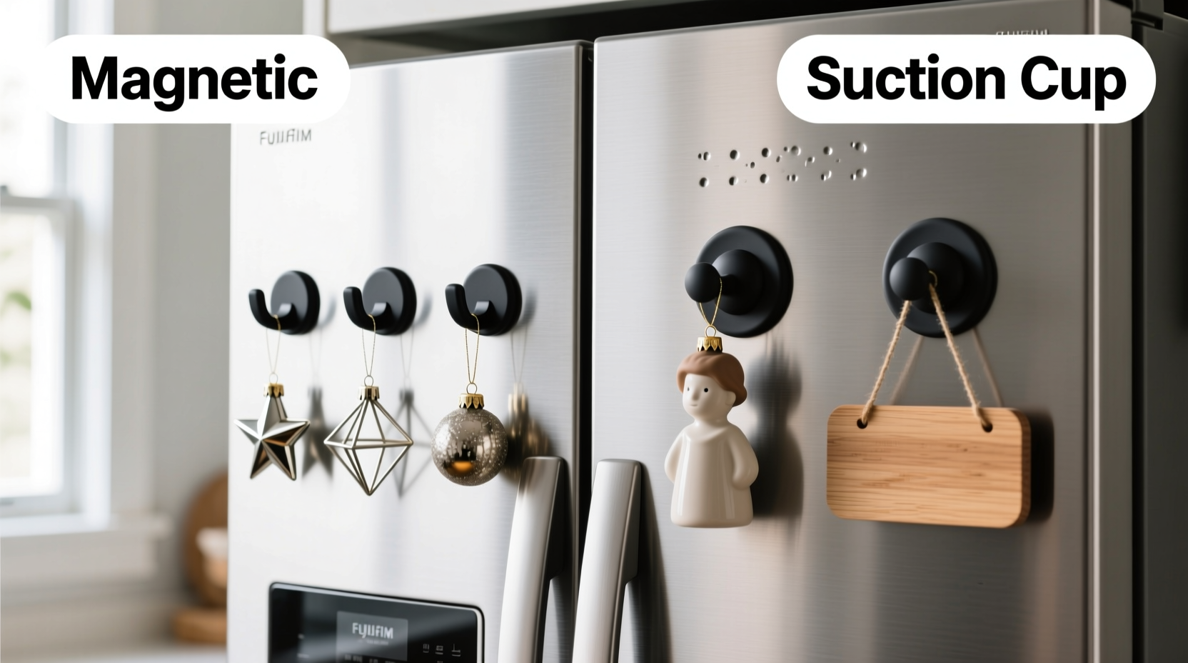 magnetic ornament hangers for stainless steel fridges vs suction cup versions which hold heavier pieces