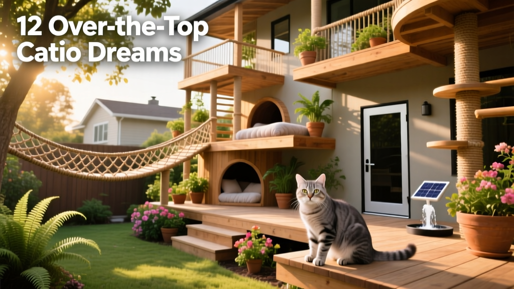 A spacious, multi-level catio with climbing platforms, tunnels, and potted plants, built into a sunny backyard