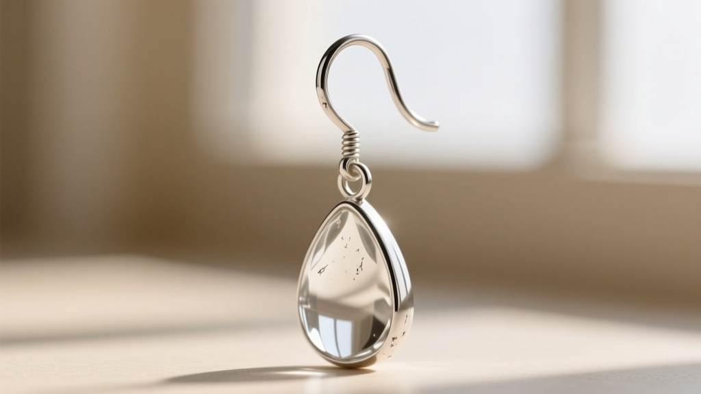 Close-up of a 20-gauge sterling silver teardrop earring hook, showing slight bending deformation caused by a heavy glass drop.