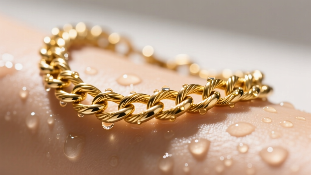 Macro shot of a solid 14k gold cable chain necklace on wet skin, water droplets resting on polished links in bright sunlight