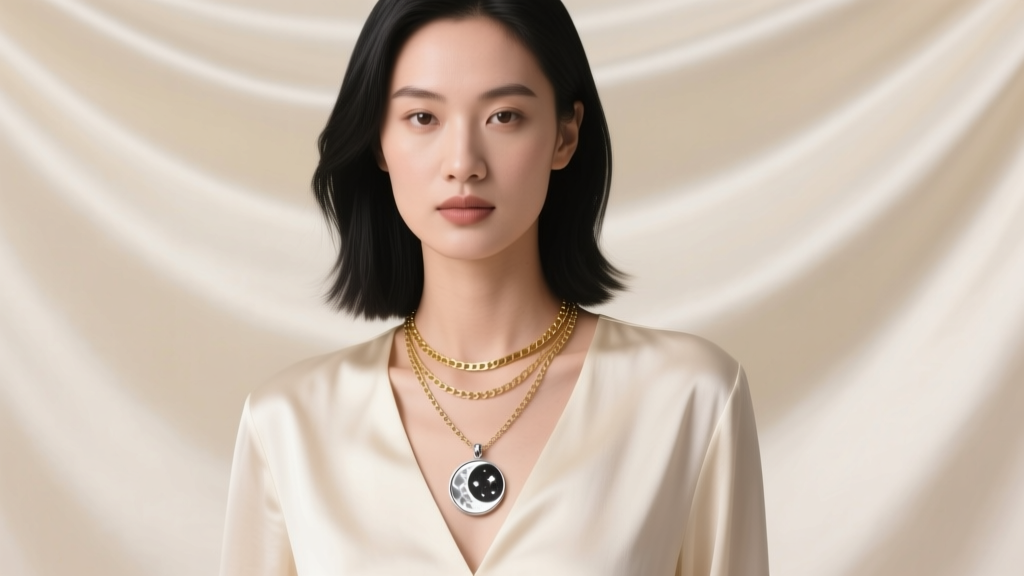 Model wearing a 16-inch moon phase pendant layered with an 18-inch gold bar and 22-inch rolo chain against a cream silk blouse.