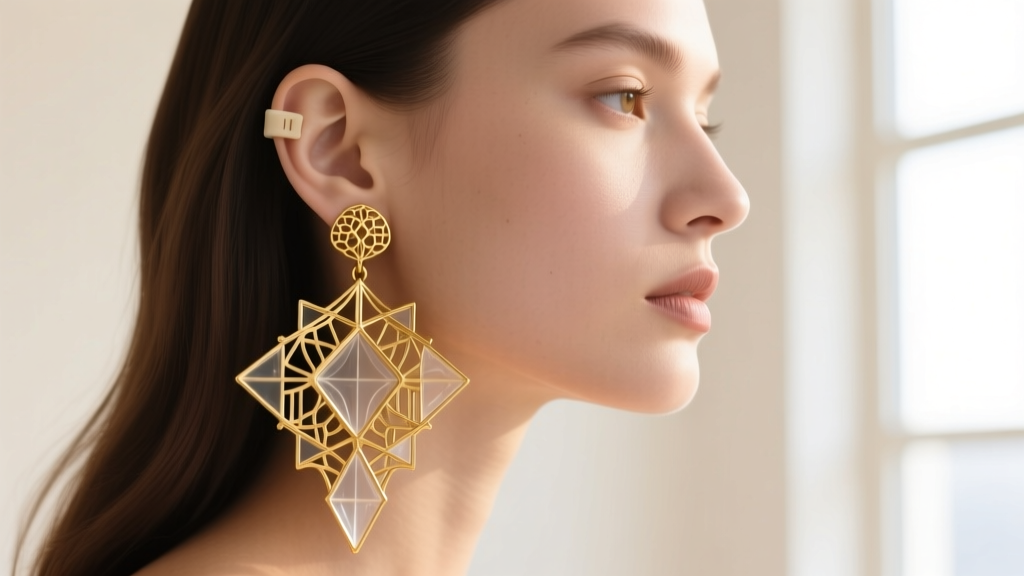 Side view of a woman wearing a heavy gold surrealist earring, revealing a clear silicone support patch behind her pierced earlobe.