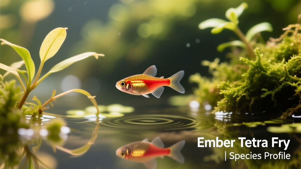 Ember Tetra fry swimming among fine-leaved aquatic plants in a dedicated breeding tank