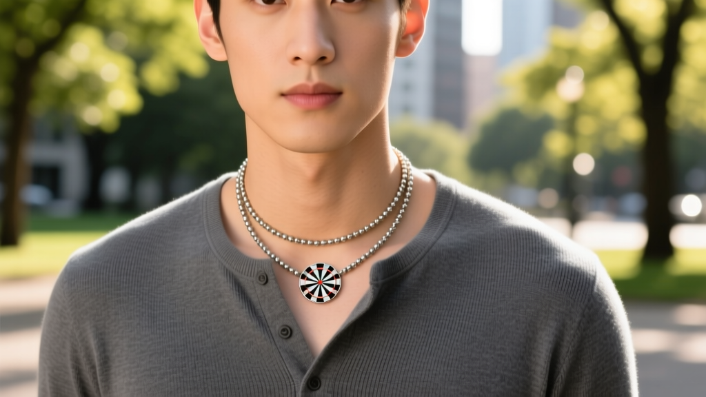 Man layering a Jaxson dart necklace and bead chain over a charcoal henley, photographed in bright, natural outdoor sunlight.