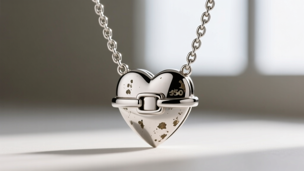 Close-up of a 950 platinum heart station necklace clasp showing natural patina and sturdy 1.5mm curb chain links