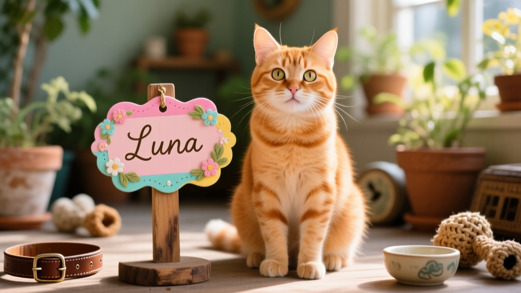 A joyful ginger cat sitting beside a colorful nametag with the word 'Luna' written in elegant script