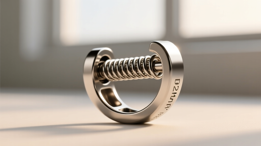 Macro shot of a spring-loaded titanium ear cuff clasp, revealing the internal tension spring and 1.2mm wire gauge thickness.