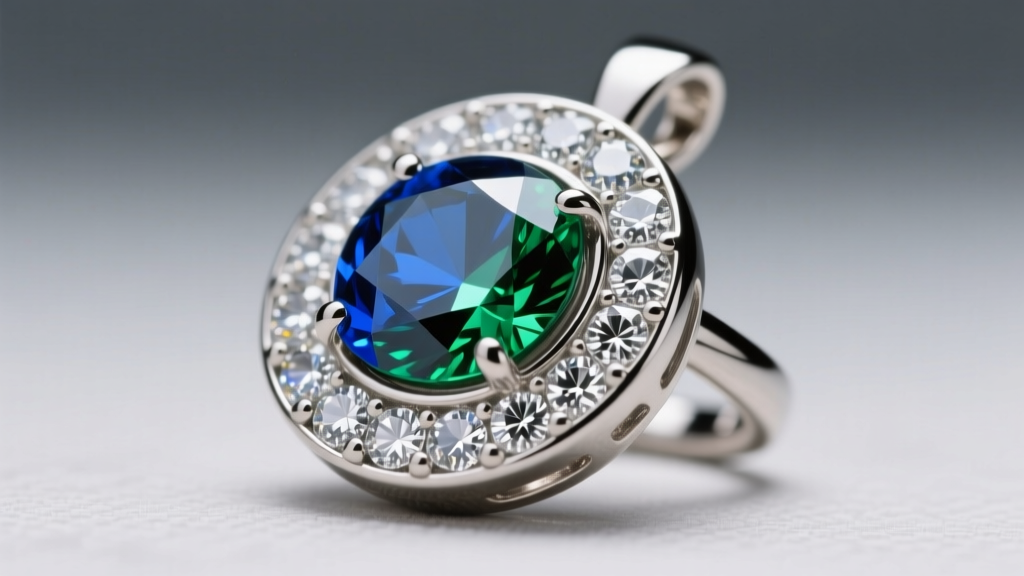 Macro photography of a bezel-set cubic zirconia baseball glove pendant, highlighting the smooth metal rim securing the stones.