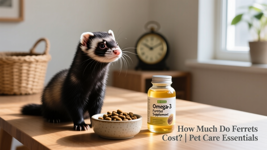 Ferret enjoying a small bowl of high-protein food next to a bottle of omega oil supplement