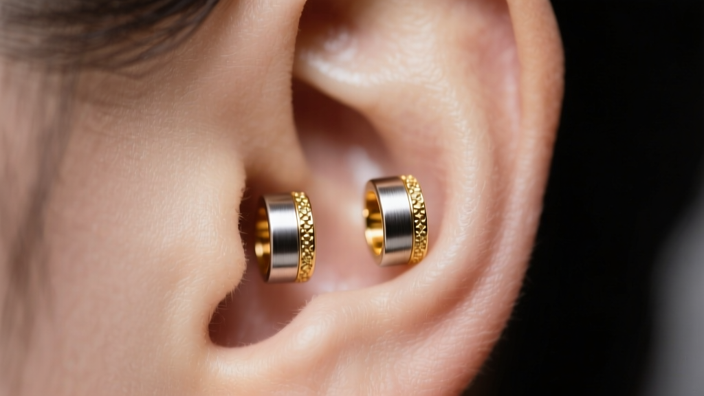 Macro shot of 4mm titanium and gold stud earrings in the lobe, helix, and tragus, illuminated by soft, diffused studio lighting.