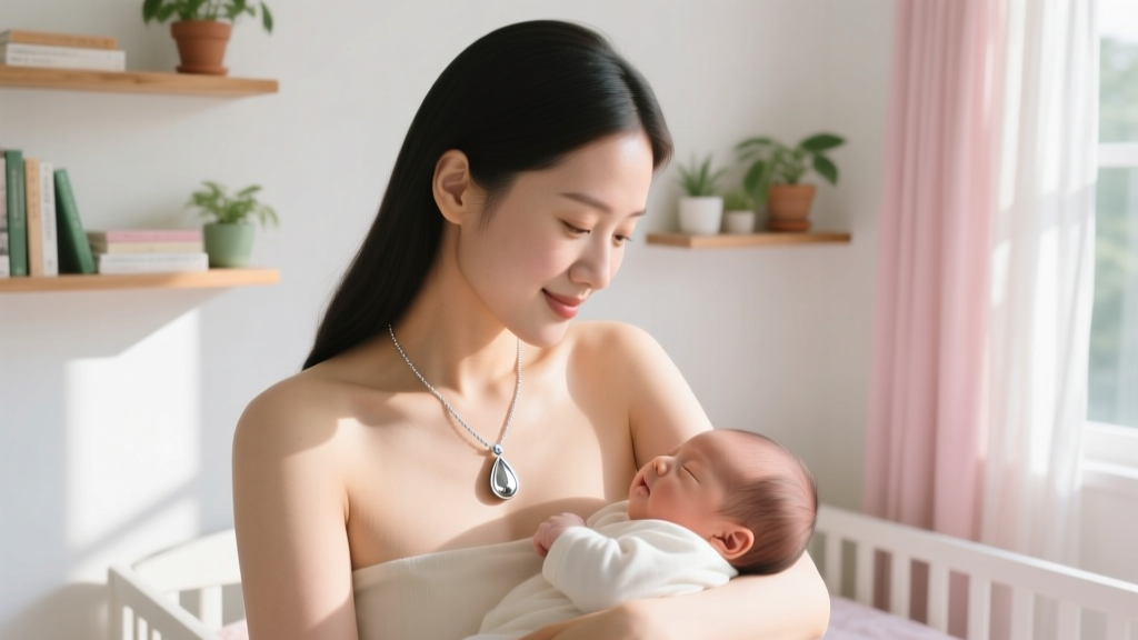 Mother wearing a 22-inch silver breast milk teardrop pendant necklace while cradling her infant in a brightly sunlit nursery room