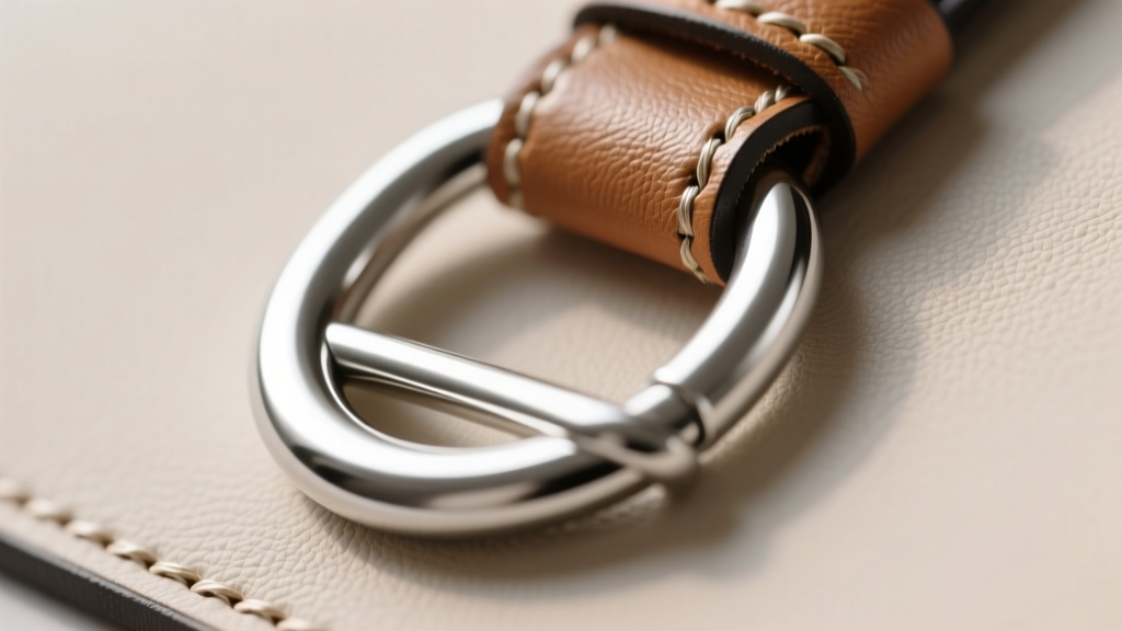Macro shot of 316L surgical steel D-ring hardware attached to vegan leather, showing precise stitching and polished metal finish.