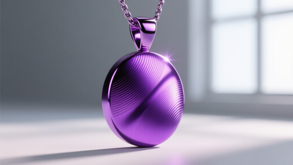 Close-up of a Grade 5 titanium pendant anodized in vibrant purple, highlighting the metal surface and light reflection properties