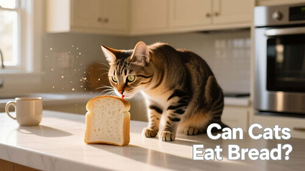 A curious cat gently sniffing a small square of plain white bread on a clean kitchen counter