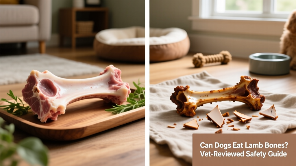 Side-by-side comparison showing a safe raw lamb bone versus a hazardous cooked, splintered bone