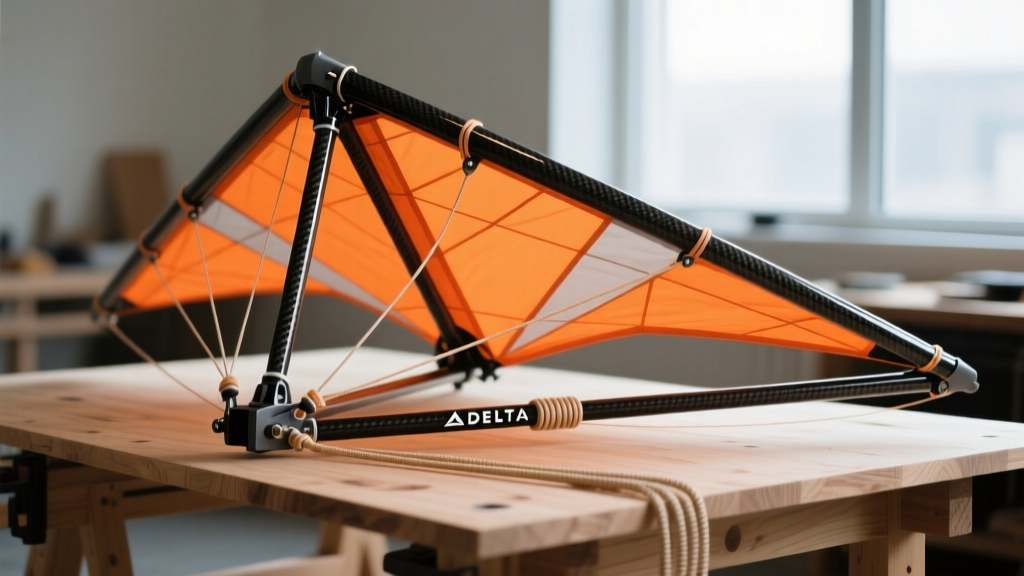 Delta kite frame featuring carbon fiber spars, bright orange ripstop nylon sail, and Dacron bridle lines assembled on a wooden workbench
