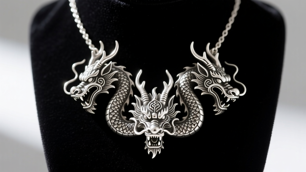 Sterling silver three-headed dragon pendant necklace on dark velvet, showcasing intricate scale textures and oxidized detailing