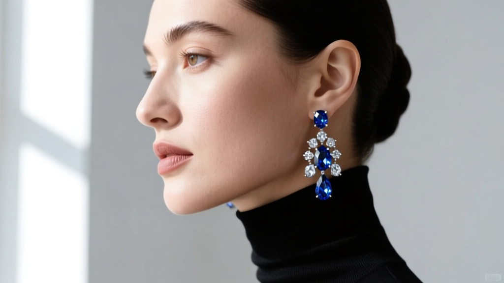 Side profile of a woman wearing vintage Weiss crystal dangle earrings with a black turtleneck in bright natural window light