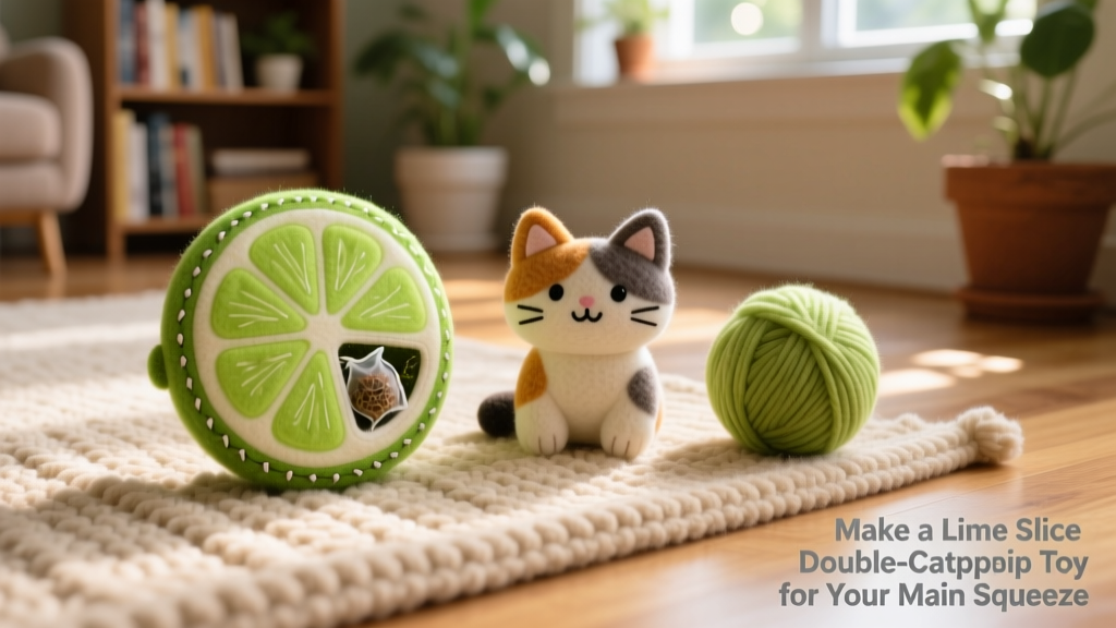 Side-by-side comparison of three handmade felt toys, including the lime slice, on a cozy rug
