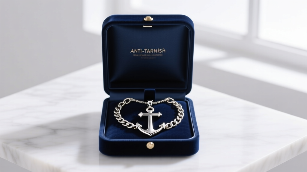 Open anti-tarnish velvet box holding a polished steel anchor and cross necklace, coiled neatly to prevent chain tangling.