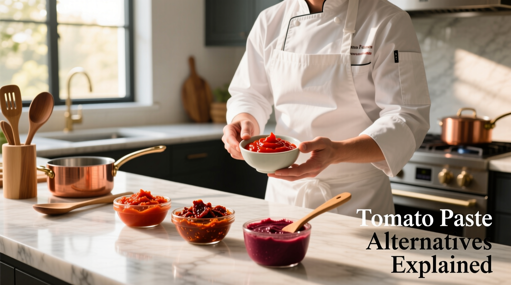 Chef demonstrating tomato paste alternatives in kitchen