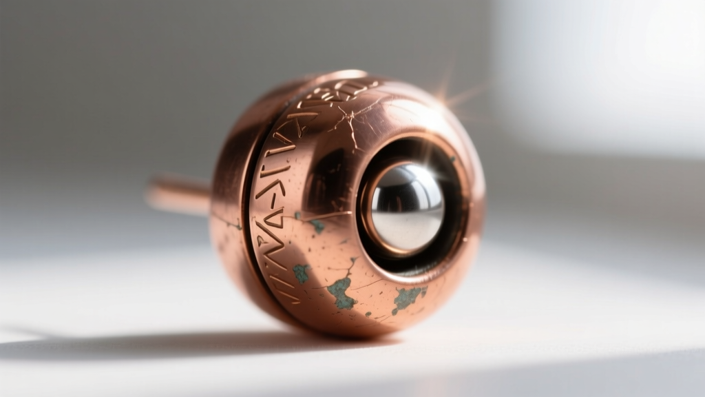Macro shot of a copper-plated auricular acupressure bead showing its textured surface and a tiny neodymium magnetic core exposed.