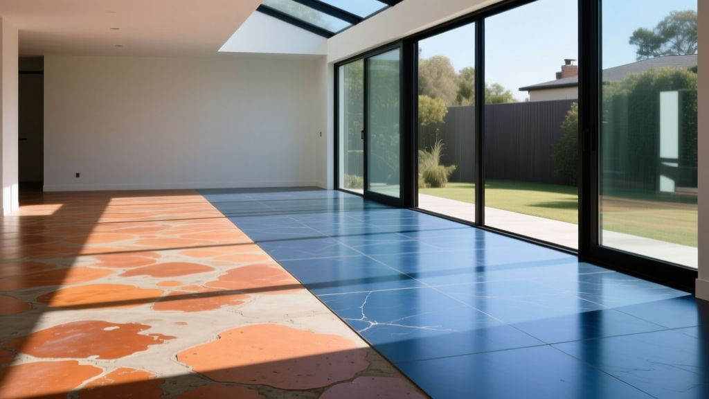 Mottled terra-cotta acid-stained concrete floor adjacent to uniform slate-blue water-based stained slab in modern sunroom
