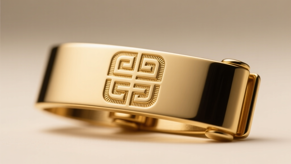 Macro shot of Givenchy logo on a gold-tone brass clasp, showing crisp typography and polished finish under soft studio lighting