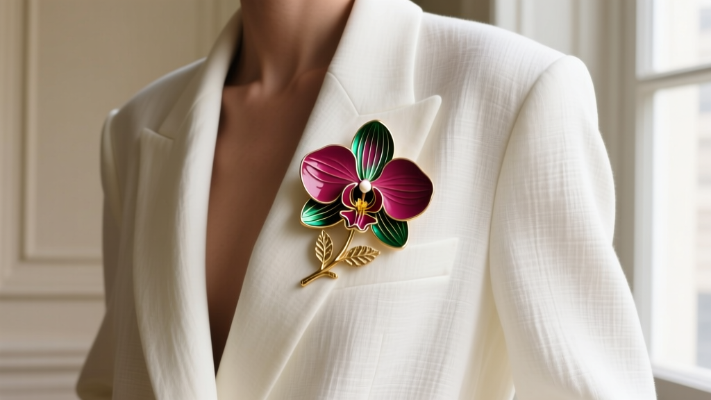 Fashion editorial shot of a vintage enamel orchid lapel pin styled on the lapel of a crisp, oversized white linen blazer.