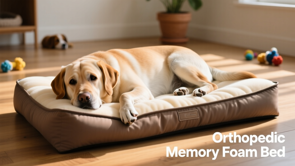 An older Labrador lying on a thick orthopedic dog bed with visible memory foam layers and a removable, washable cover