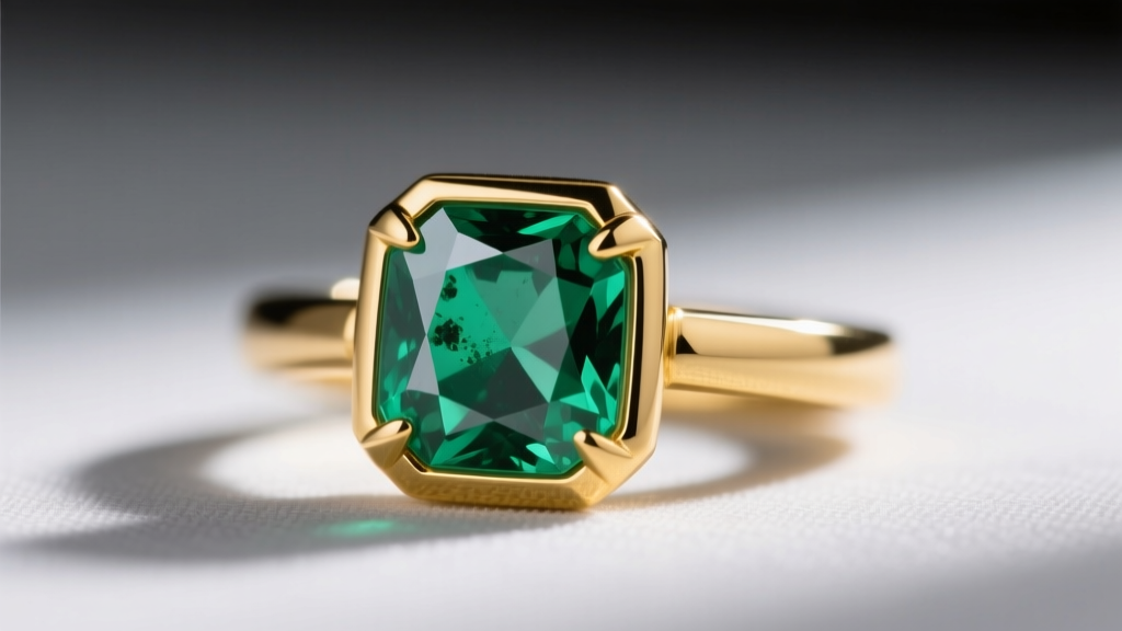 Macro shot of an 18k yellow gold bezel setting securely wrapping the fragile corners of a hexagonal cut emerald gemstone