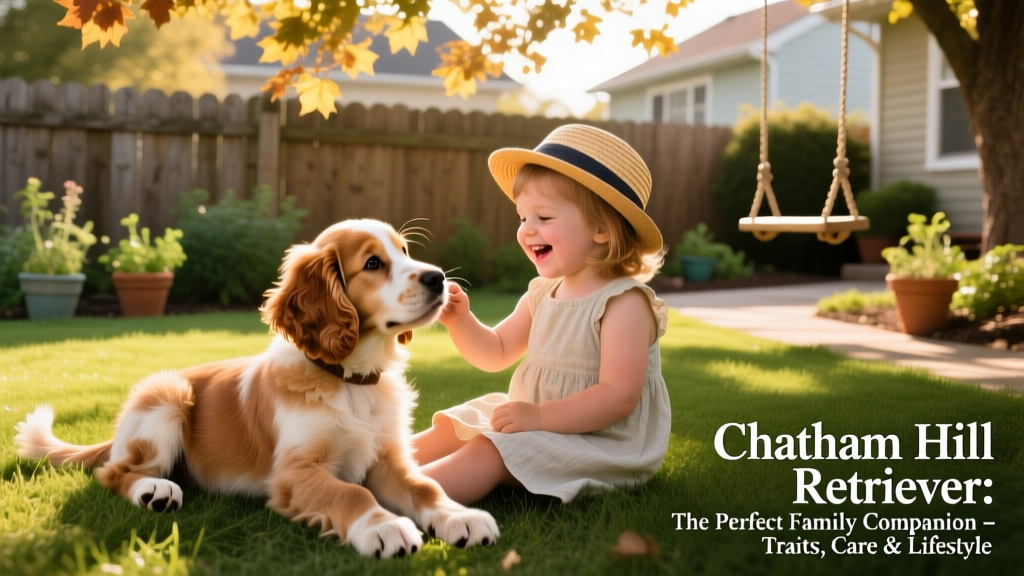 A Chatham Hill Retriever puppy playing gently with a young child in a sunlit backyard