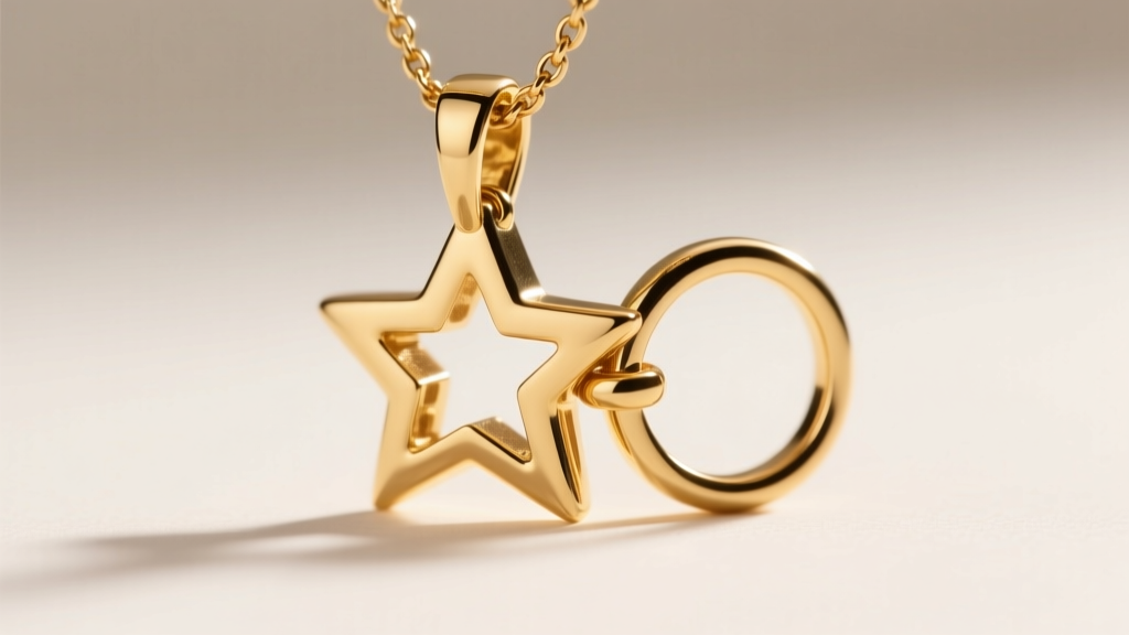 Macro shot of a 14k gold star pendant bail and jump ring, highlighting the gap needed to prevent the necklace from flipping over