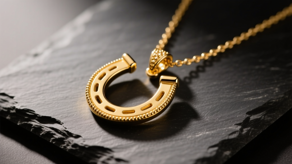Polished 14k yellow gold horseshoe pendant necklace on dark slate, highlighting milgrain detailing under warm studio lighting.