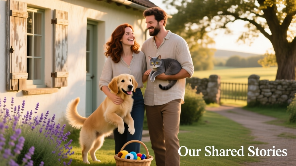Two smiling people—one holding a dog, the other gently stroking a cat—standing in front of a sunlit home
