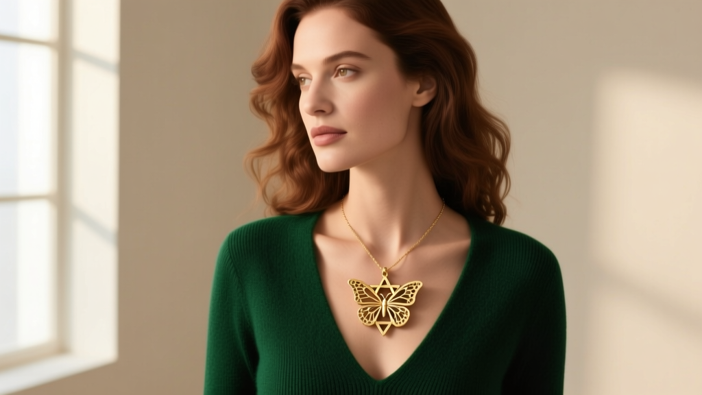 A woman wearing a layered gold butterfly Star of David necklace over a dark green V-neck sweater, showcasing the pendant placement